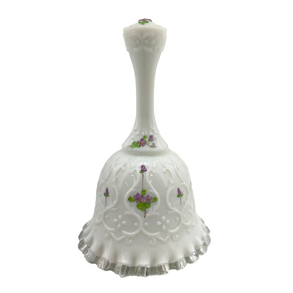 Fenton Glass Bell Silver Crest Hand Painted Floral Ruffled Edge by Kim Blake - Picture 1 of 9